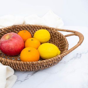 Home Decor Catch All Round Round Rattan Tray with Handles, Decorative Coffee Tab